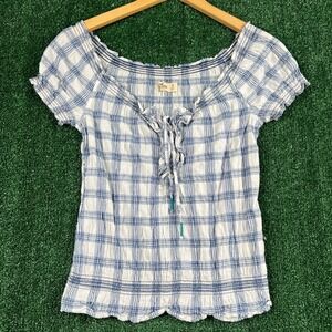 VTG Hollister Women's Blue White Plaid Top S Off Shoulder Smocked Cotton Blouse